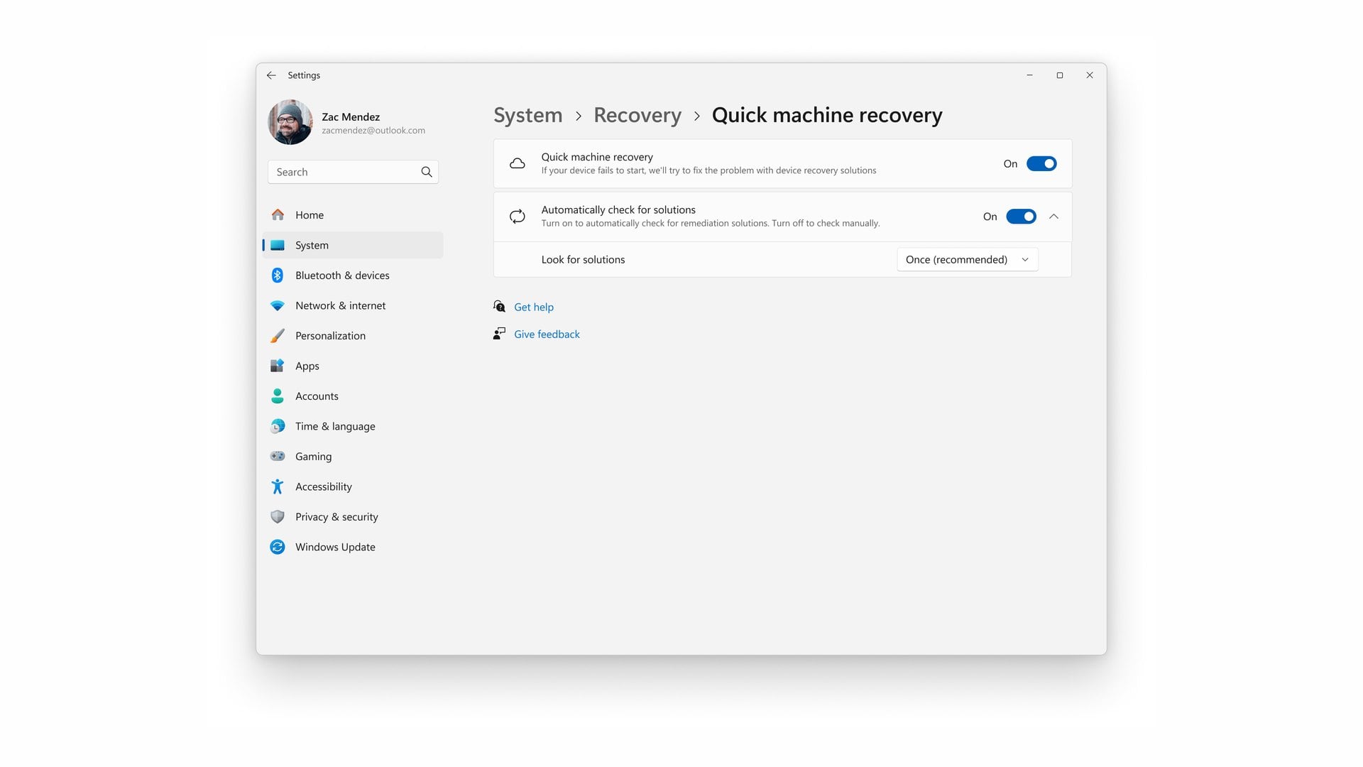 Windows 11 Settings page showing Quick machine recovery toggles