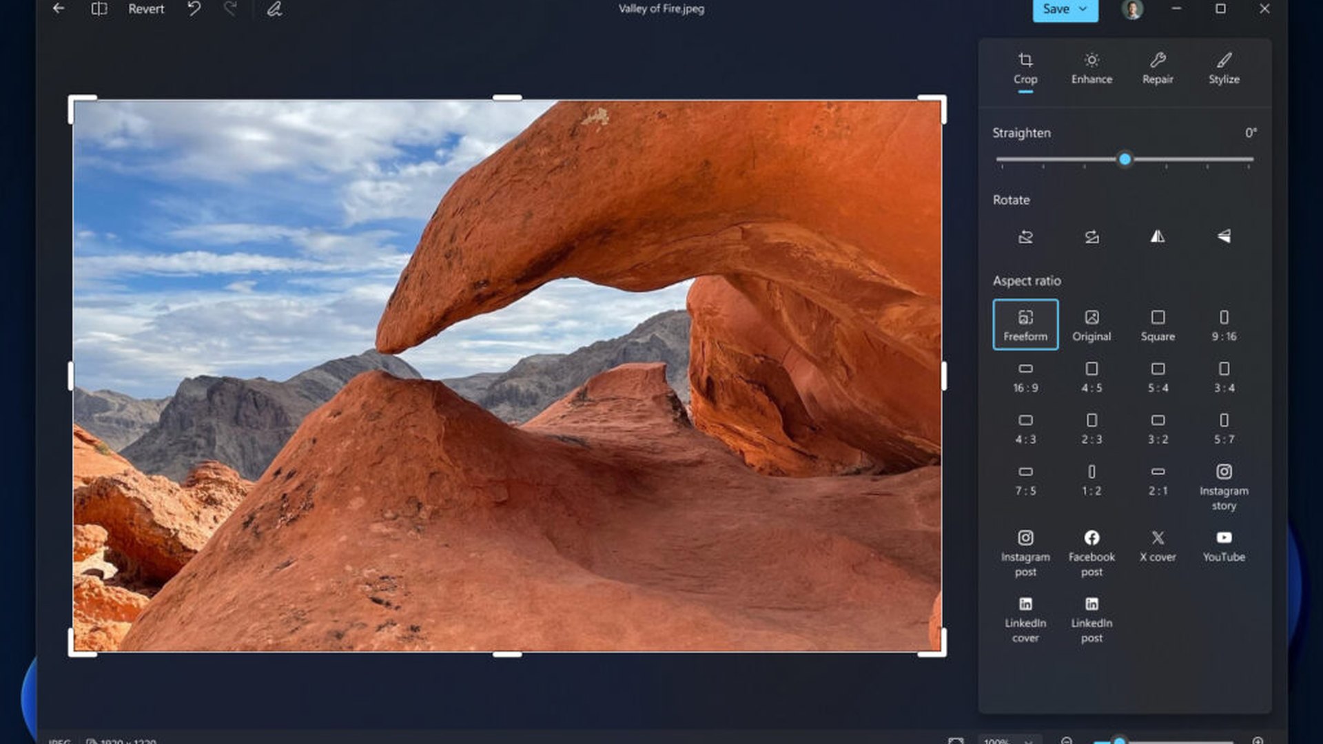 Windows 11 Photos Editor with crop and aspect ratio tools open