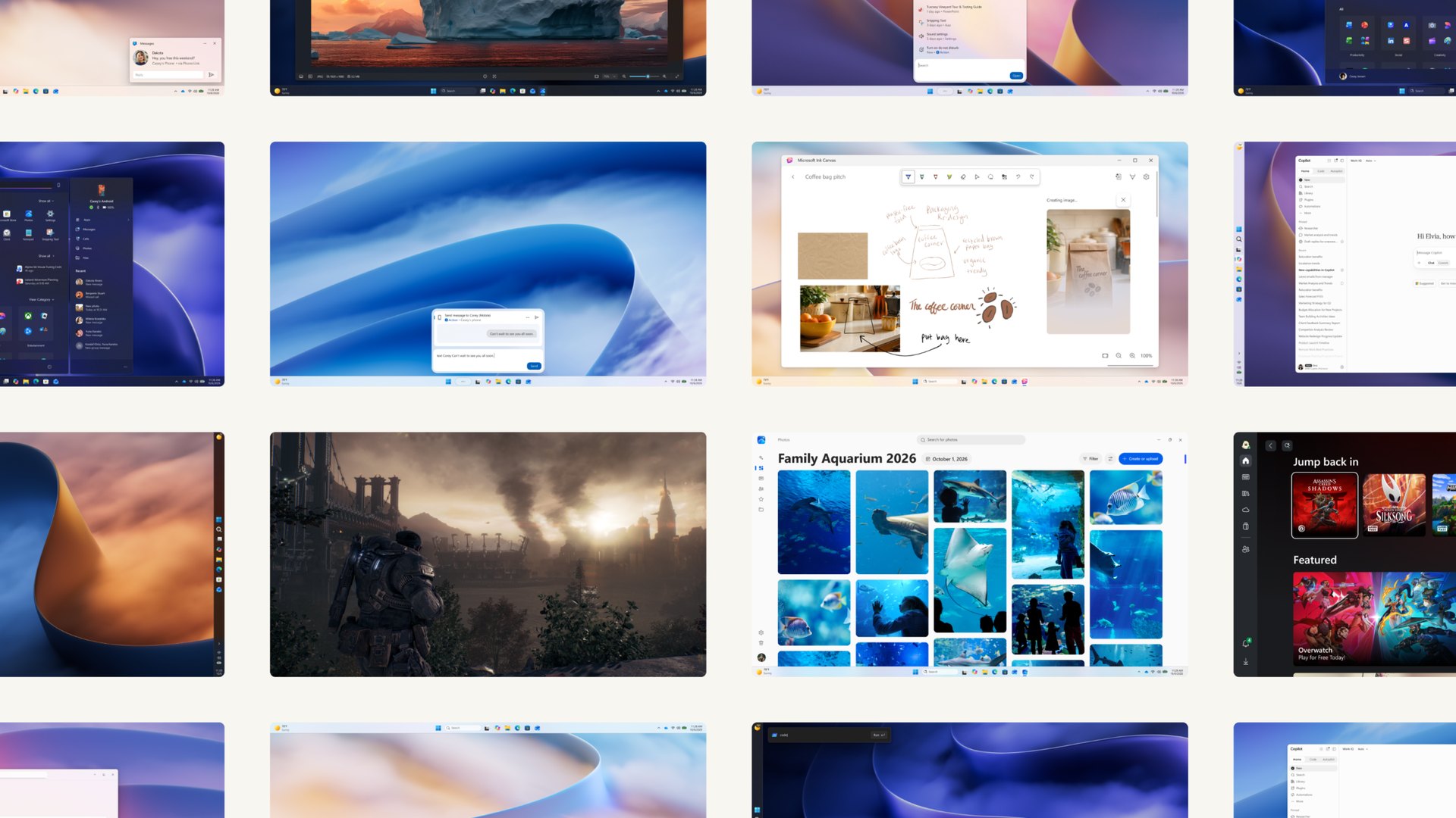 Grid of Windows 11 app and desktop screenshots