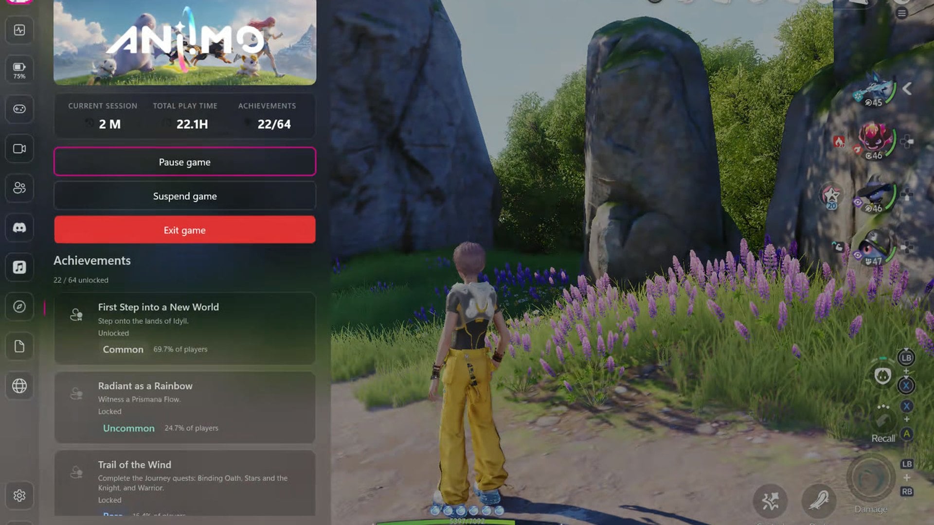 Overlay panel listing play time, achievements and pause, suspend and exit buttons over a running game