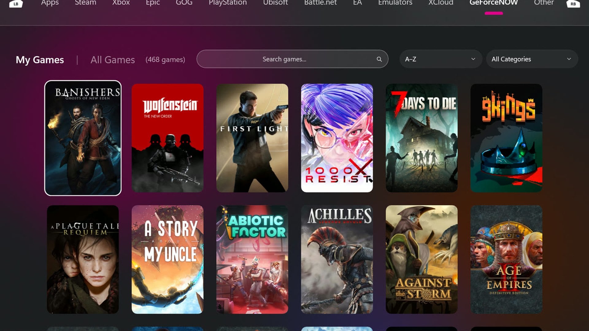 GeForce NOW library page in Winhanced showing a grid of game cover art