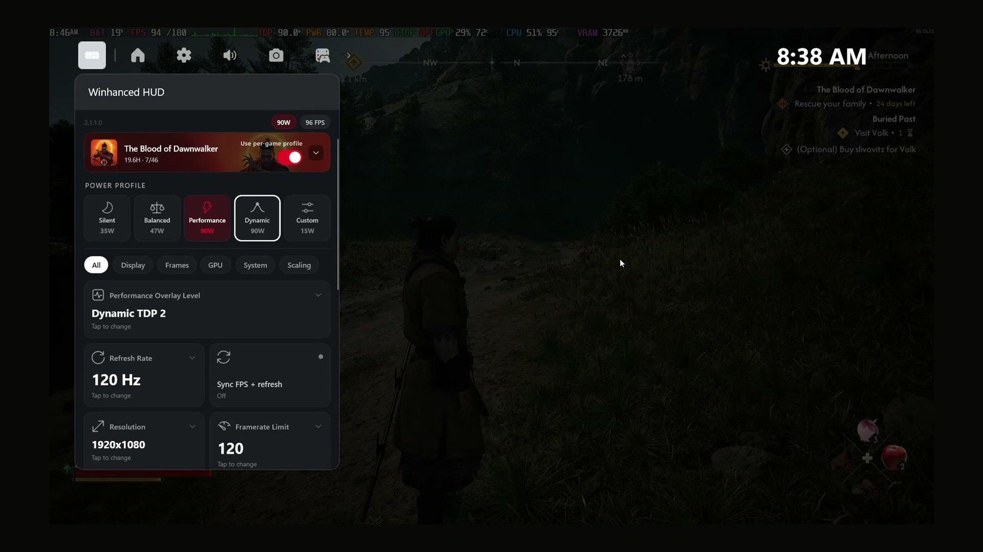 Overlay panel over a game showing power profile and display settings