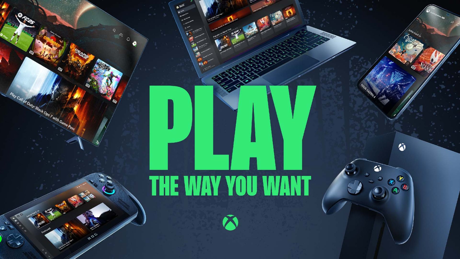 Xbox Cloud Gaming shown across a laptop, phone, handheld, TV and console