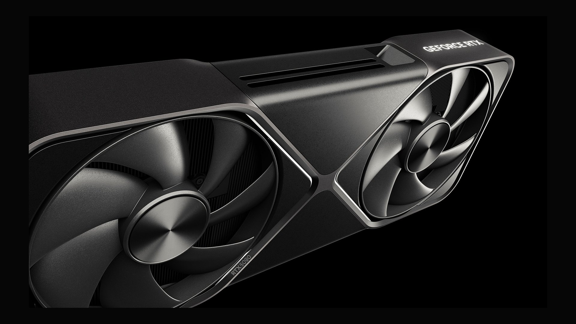 Three-quarter view of the GeForce RTX 5090 Founders Edition showing both axial fans