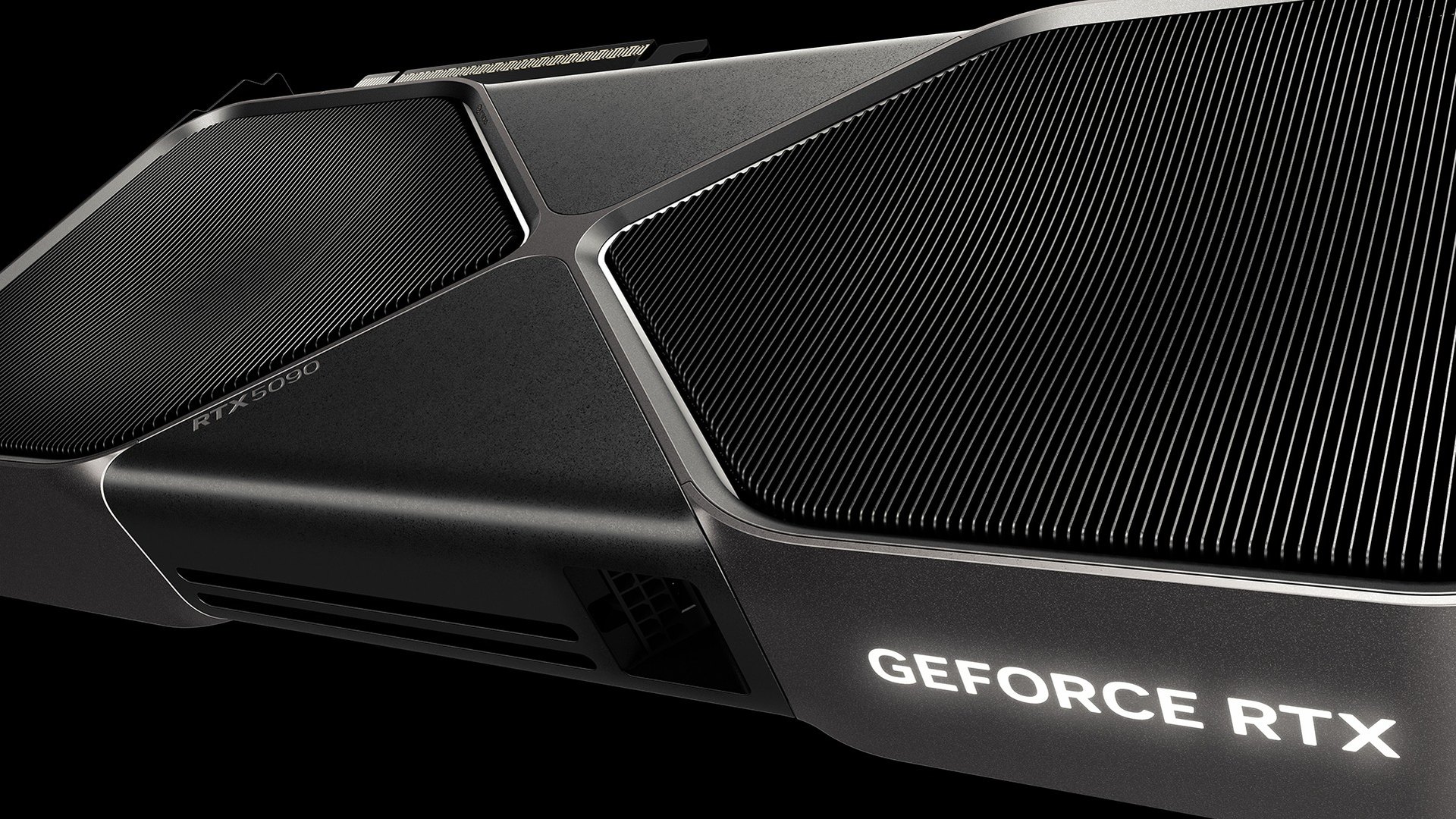 Close-up of the GEFORCE RTX wordmark on the side of an RTX 5090 Founders Edition
